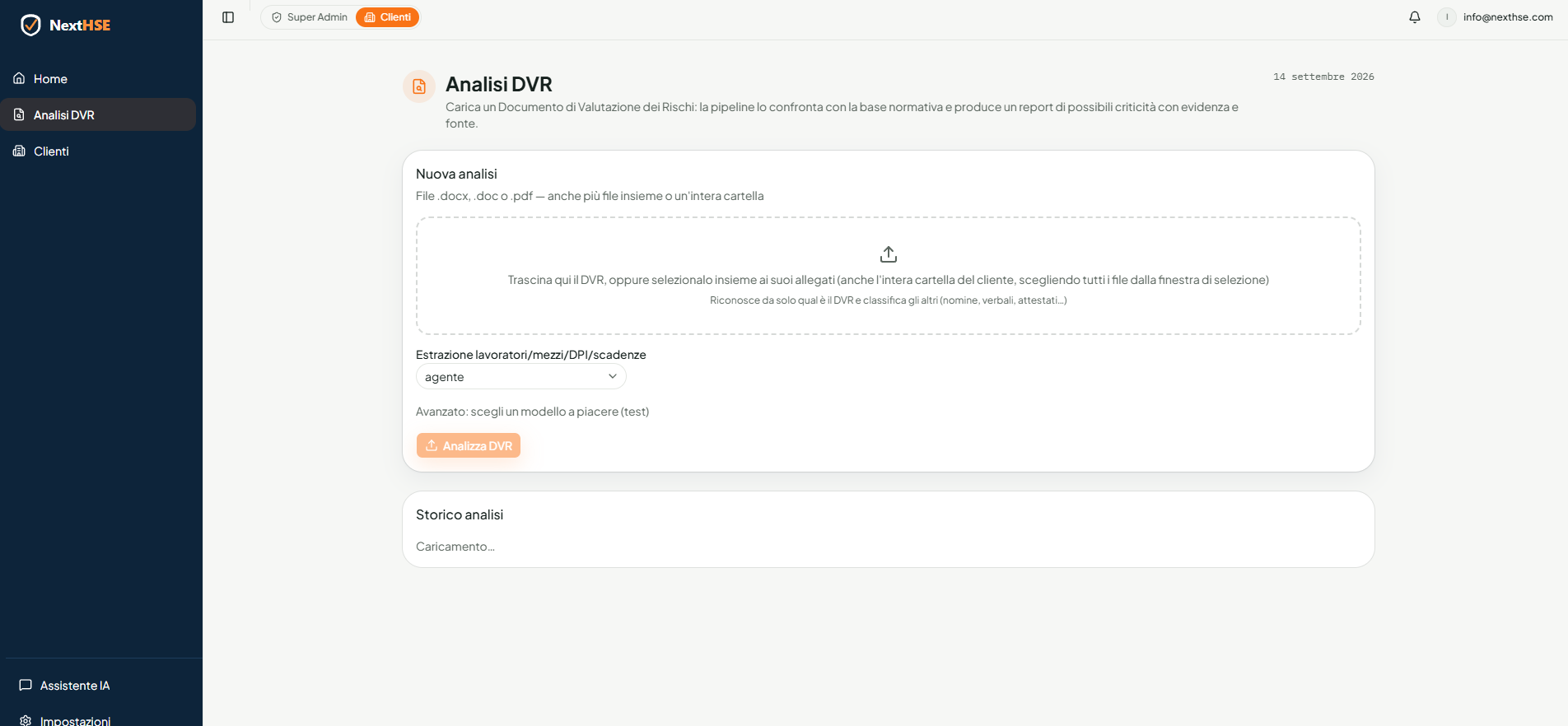 Schermata NextHSE per il caricamento e l’analisi di un DVR